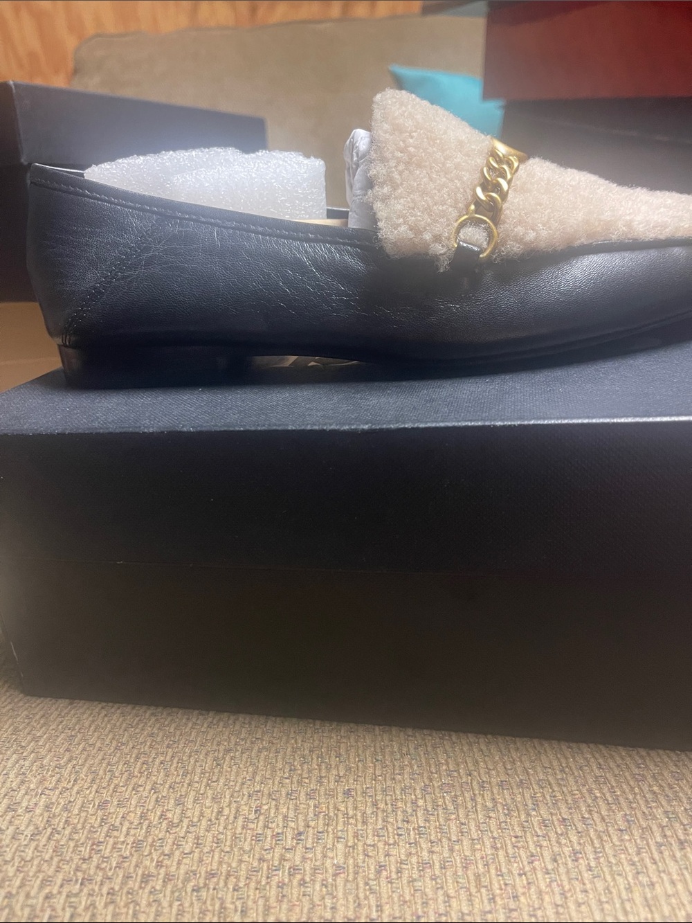 Coach Loafer   Black Leather Loafers with Cream Shearling Trim